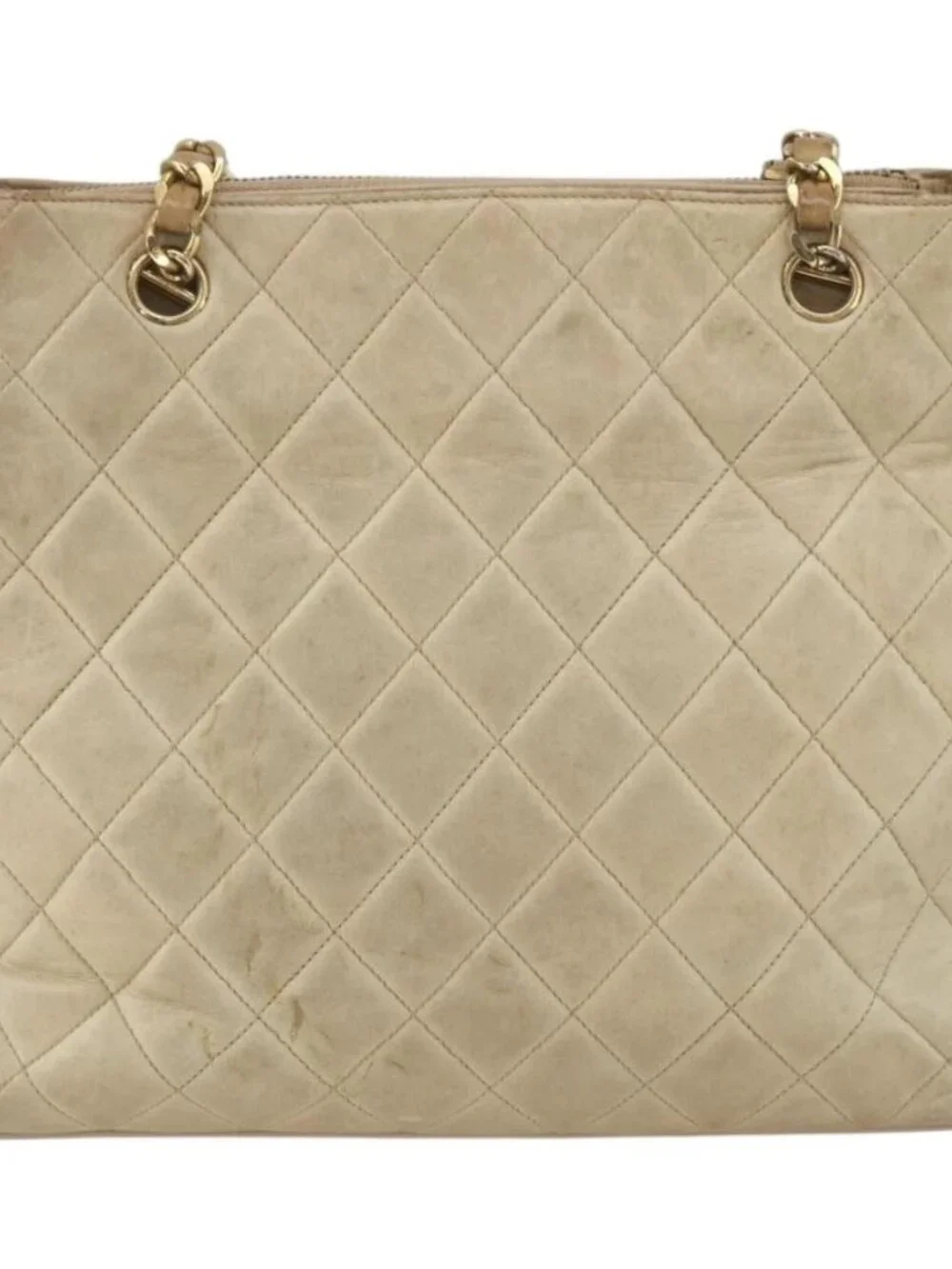 CHANEL Chain Matelasse Tote Bag Lamb Skin Beige Gold CC Auth bs32364
